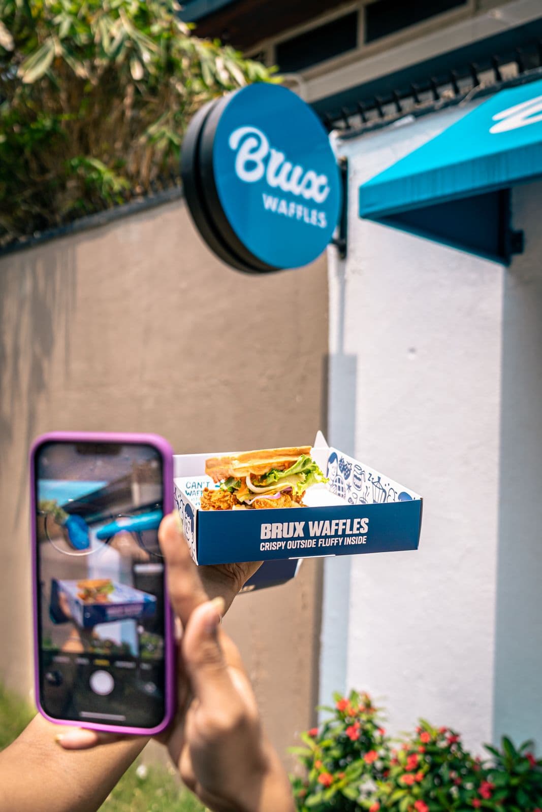 Brux Waffles storefront sign